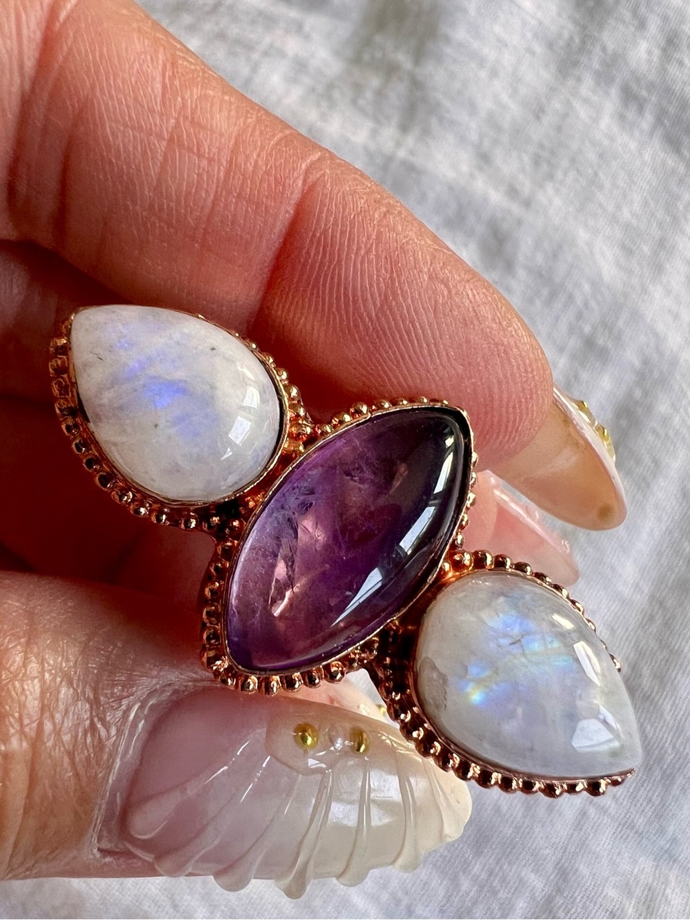 OOAK! Copper Rainbow Flash Moonstone + Amethyst Trinity Ring 6